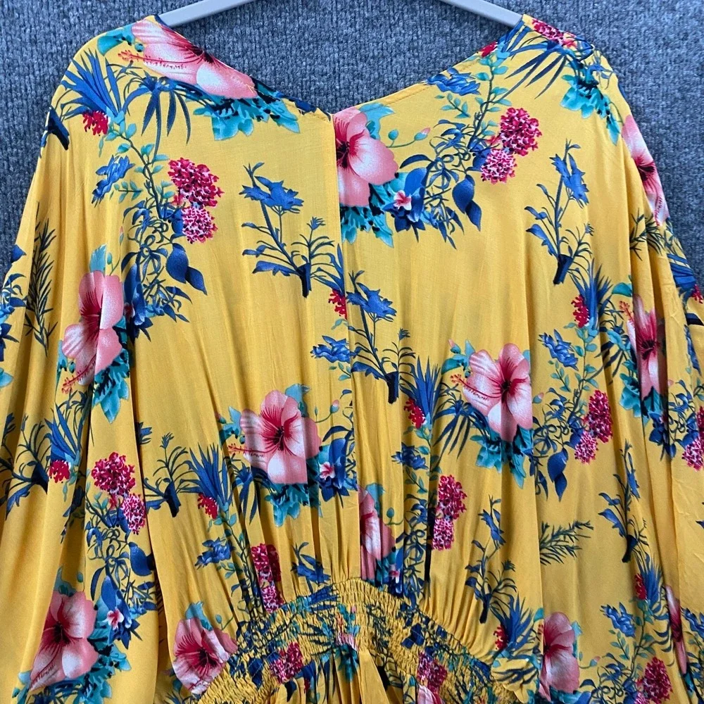 UMGEE Dress‎ Small Yellow Floral V-Neck Dolman Sleeves Peasant Beachy Festival